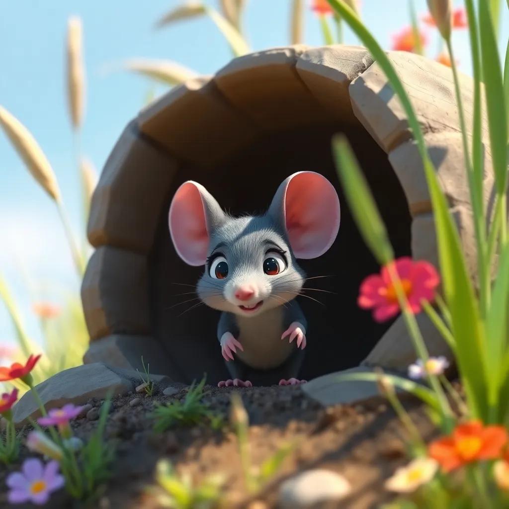 Max, a tiny gray mouse with big ears, taking a tiny step outside his hole, looking scared, tall grass swaying around him, soft sunlight, colorful flowers, adventurous view