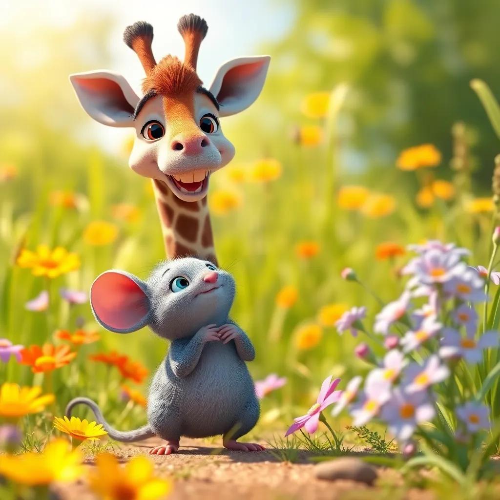 Max, a tiny gray mouse, feeling relief in front of Gary the gentle giraffe laughing, surrounded by bright flowers and tall grass, sunny day, joyful atmosphere, fun