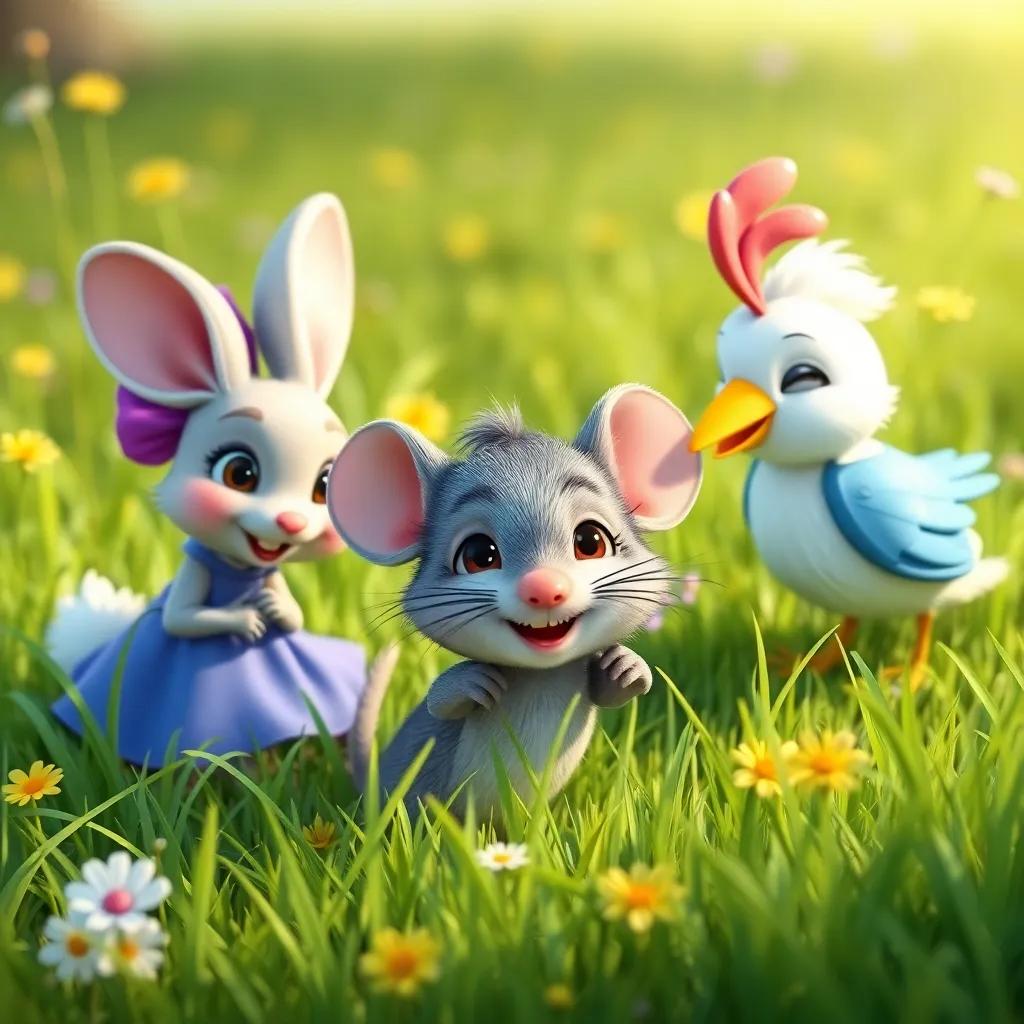 Max, a tiny gray mouse, surrounded by his friends, Lucy the rabbit, and Benny the bird, playing hide and seek in a grassy field, colorful and cheerful, playful