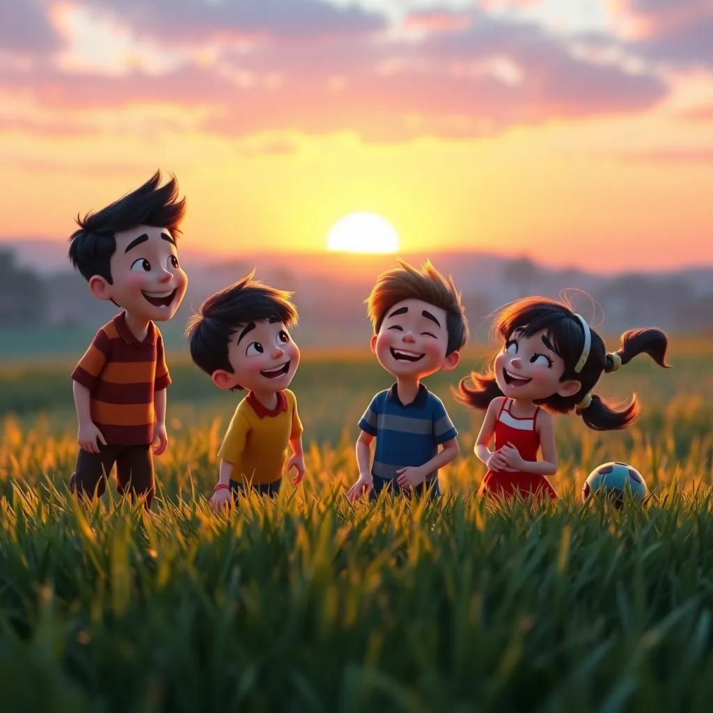 Max and his friends laughing and playing in the grass as the sun begins to set, evening colors, warm light, joyful scene
