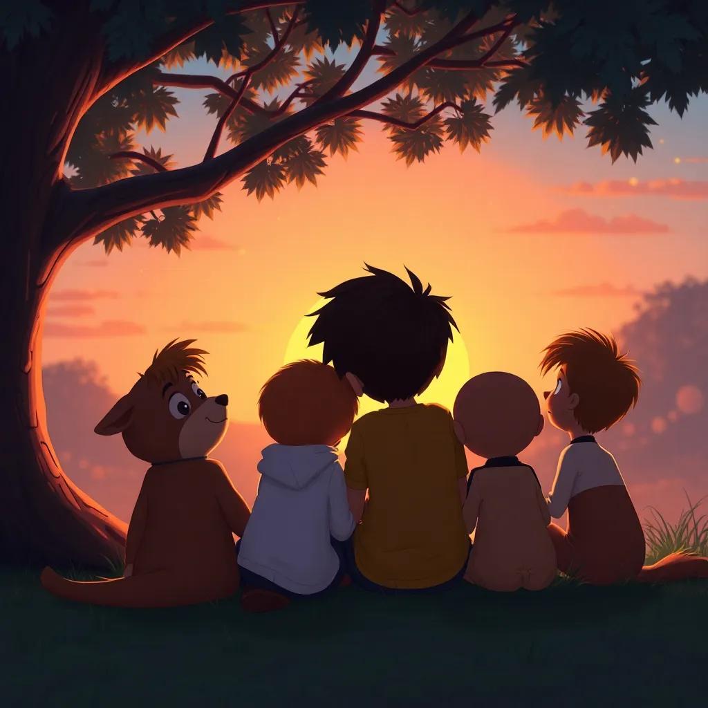 Max and his friends enjoying the sunset, sitting together under a tree looking at the stars, cozy and heartwarming atmosphere