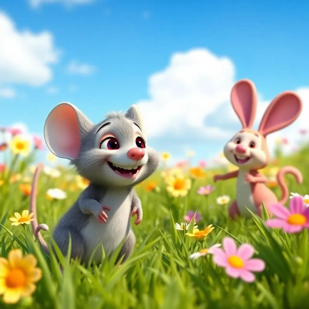A bright and cheerful scene of Max, a tiny gray mouse, with Lucy and Benny playful in the grass, colorful flowers and sky, joyful feeling