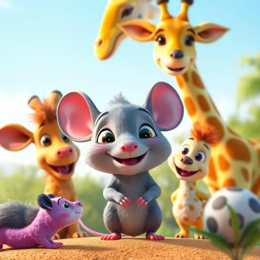 Max, a tiny gray mouse, smiling with Gary the giraffe, and his friends around him, exploring the bright world together, encouragement and courage, vibrant colors