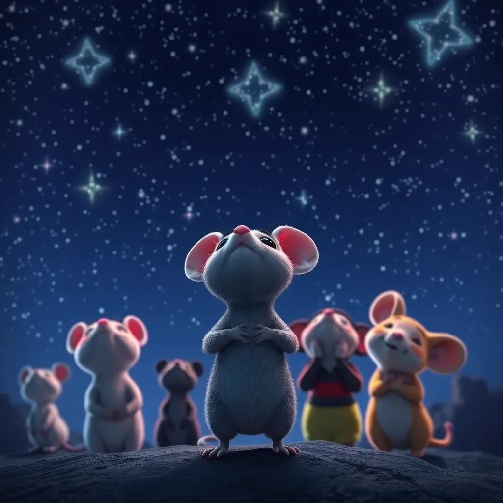 Max, a tiny gray mouse, confidently staring ahead with friends at the dark sky above, filled with glittering stars, feeling brave and adventurous, magical atmosphere