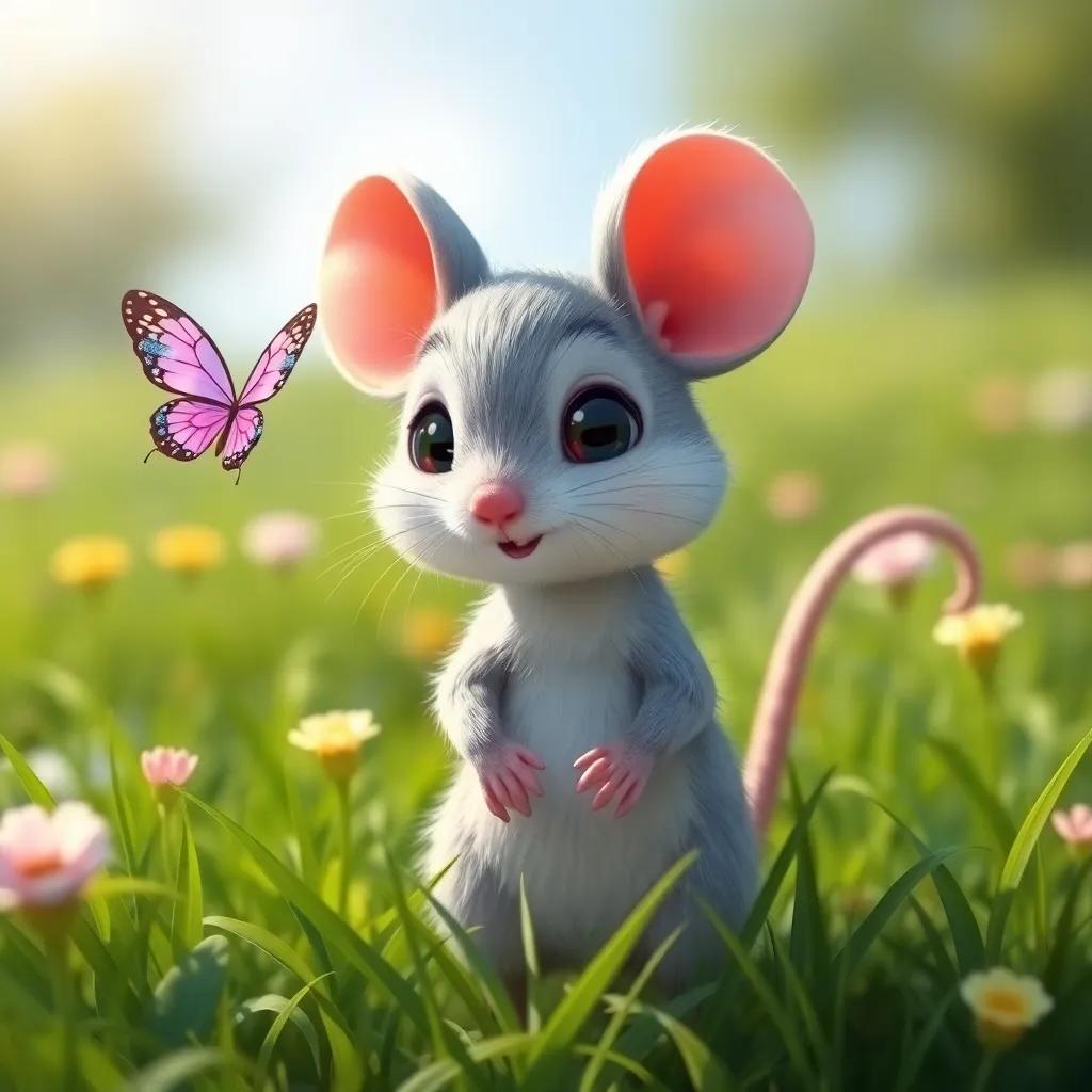 A tiny mouse named Milo, with soft grey fur and big round ears, standing in a bright green meadow, a beautiful butterfly with sparkling wings flying nearby, sunny day, cheerful atmosphere, digital art, cute and lively, high quality