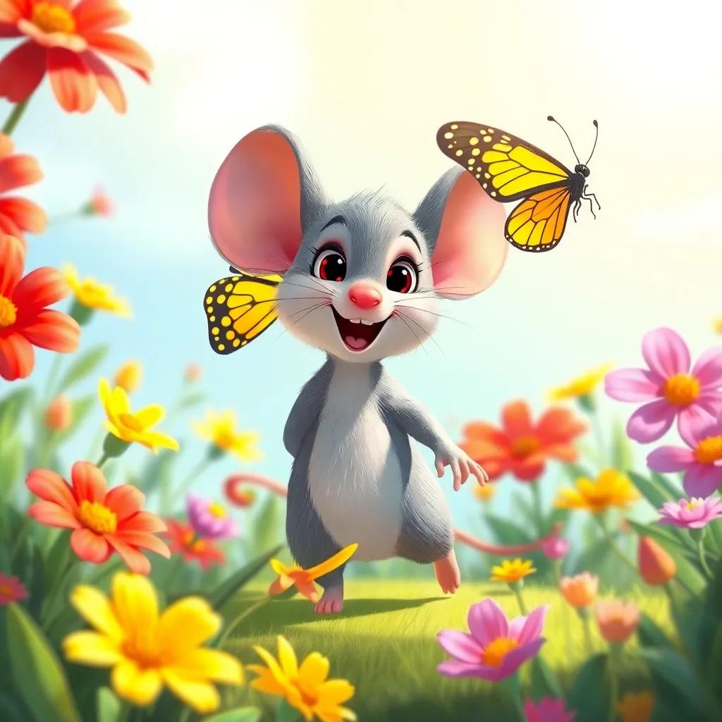Milo, the little grey mouse, walking beside the butterfly, surrounded by colorful flowers red, yellow, and pink, looking excited and happy, gentle breeze blowing, bright sunny day, illustration, vibrant colors, joyful scene, high quality