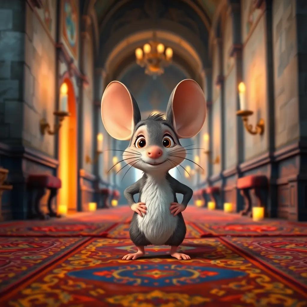 A brave little mouse, Despereaux, with large ears, standing proudly in a castle hallway, surrounded by grand walls, colorful rugs, and flickering candlelight, digital art, warm colors, cheerful atmosphere, sharp focus