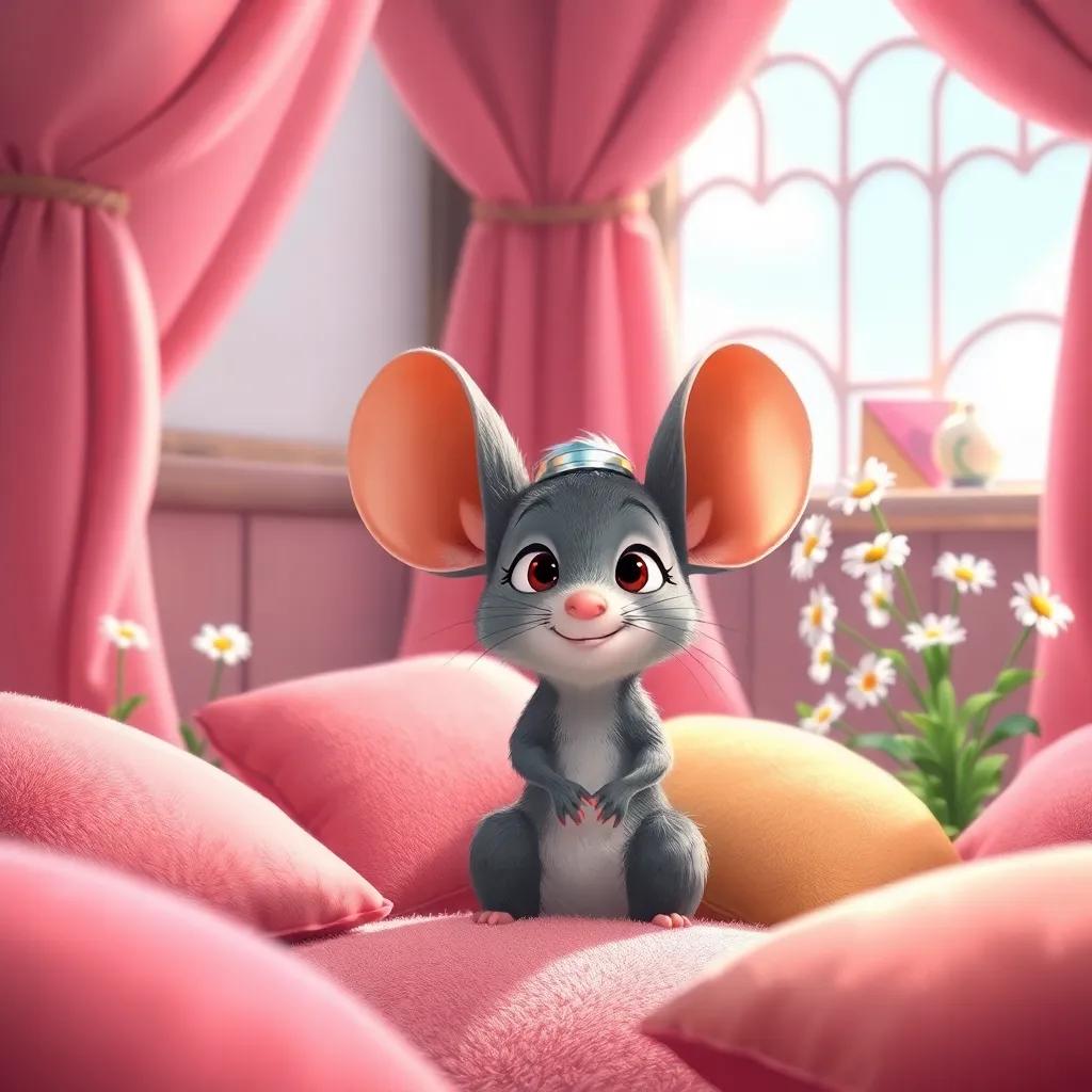 Despereaux, the brave little mouse, with big ears, listening to a princess's soft voice in a tower room filled with pink curtains and daisies, surrounded by plush cushions, child-friendly illustration, bright and inviting, cheerful expression