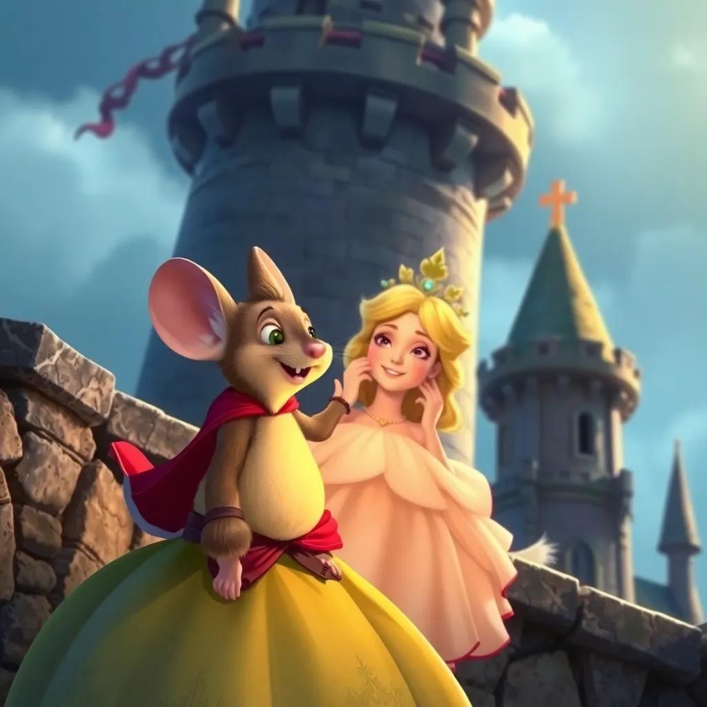 Despereaux, the brave little mouse, discovering the princess at the top of the tower, with her in a lovely gown, both smiling and happy, magical atmosphere, detailed and vivid, heartwarming scene, digital art