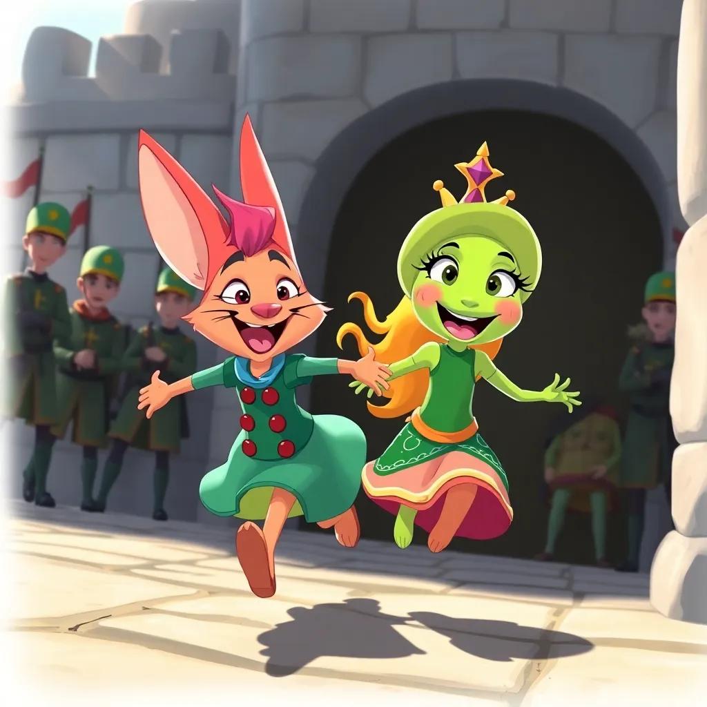 Despereaux and Princess Pea escaping from the tower, running happily together, with guards in the background looking surprised, bright colors, lively mood, cheerful and bright illustration, playful feel