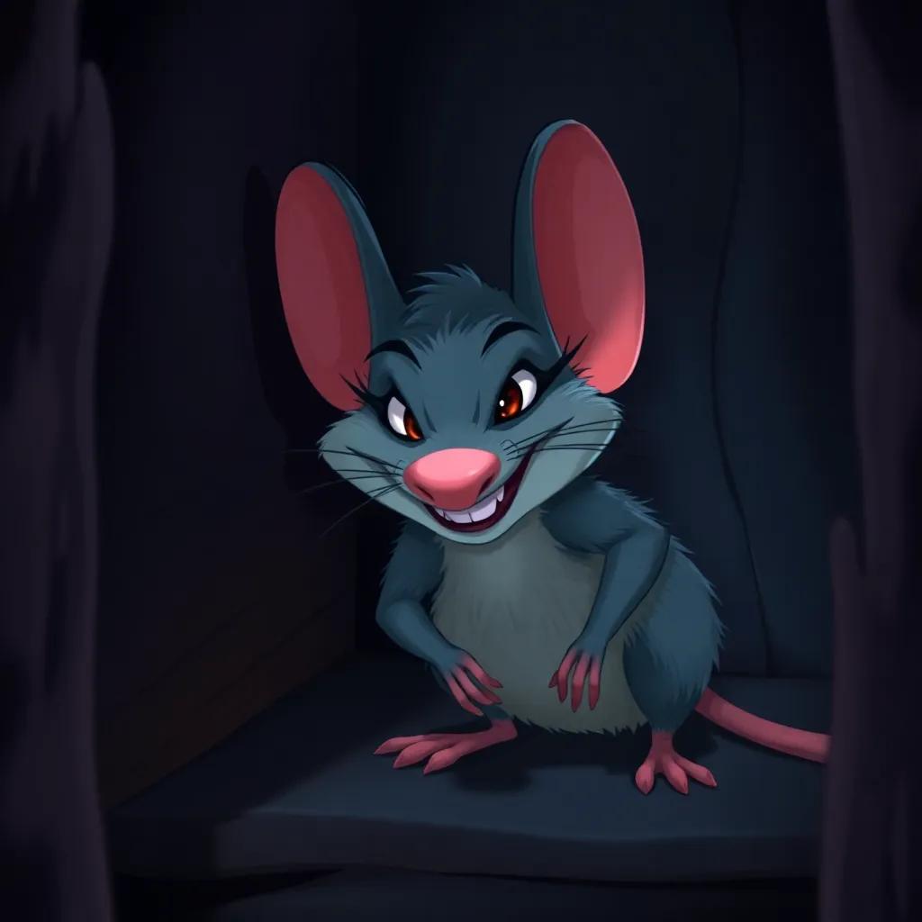 A wicked rat glaring at Despereaux in a dark corner, with a mischievous grin, shadows around, tension in the air, bright contrasting colors, adventurous scene, children's illustration, sharp details