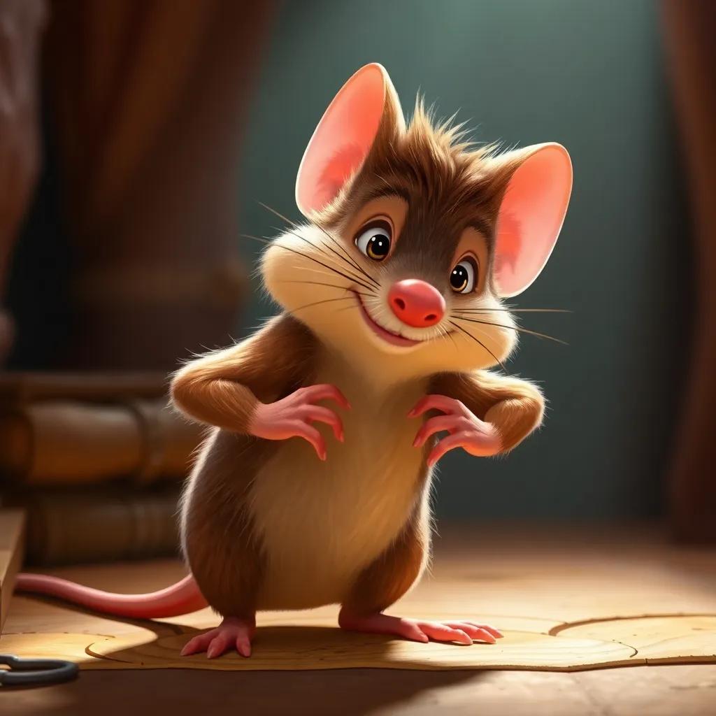 Despereaux, the brave little mouse, puffing up his chest at the rat, showcasing his courage even though he is little, bold stance, bright expressive lighting, warm colors
