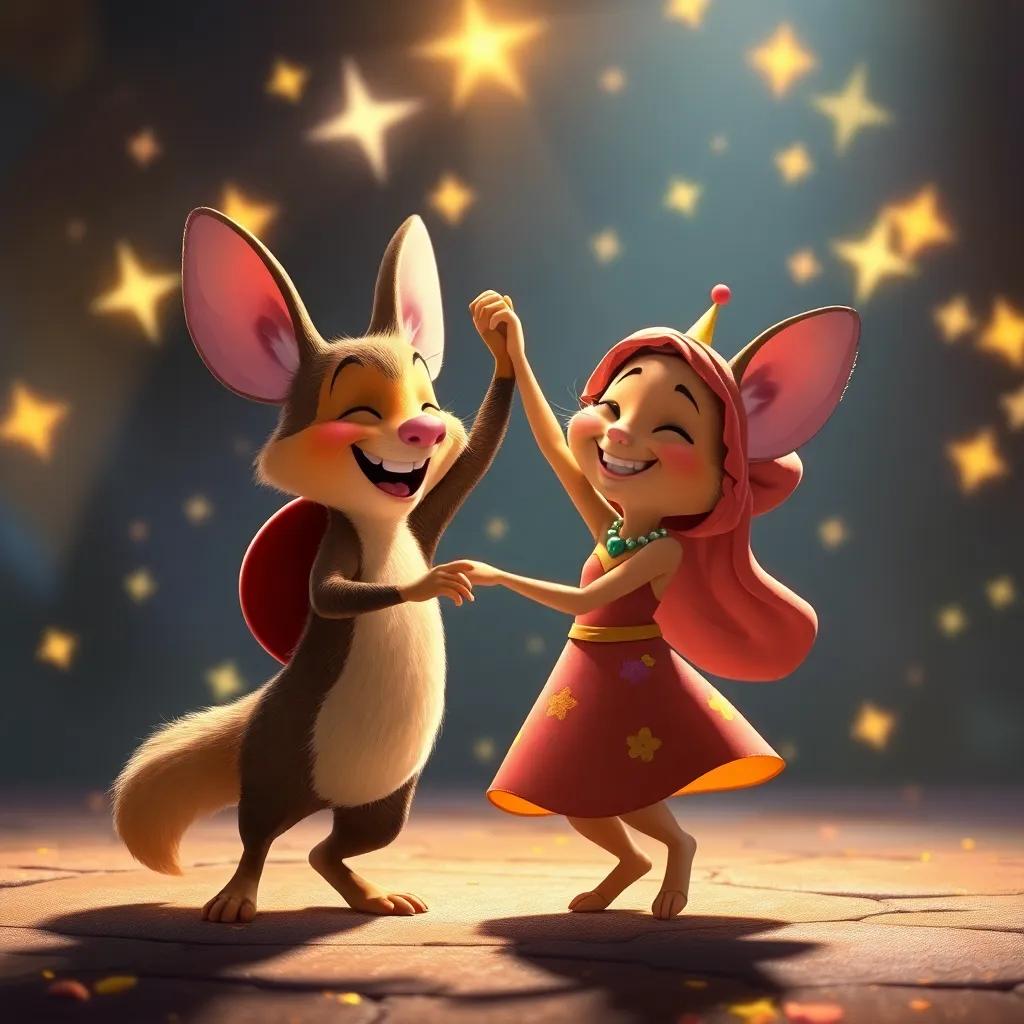 Despereaux and Princess Pea celebrating their victory, dancing together in a joyful way, surrounded by twinkling lights and stars, colorful, animated scene, joyful atmosphere, child-friendly art