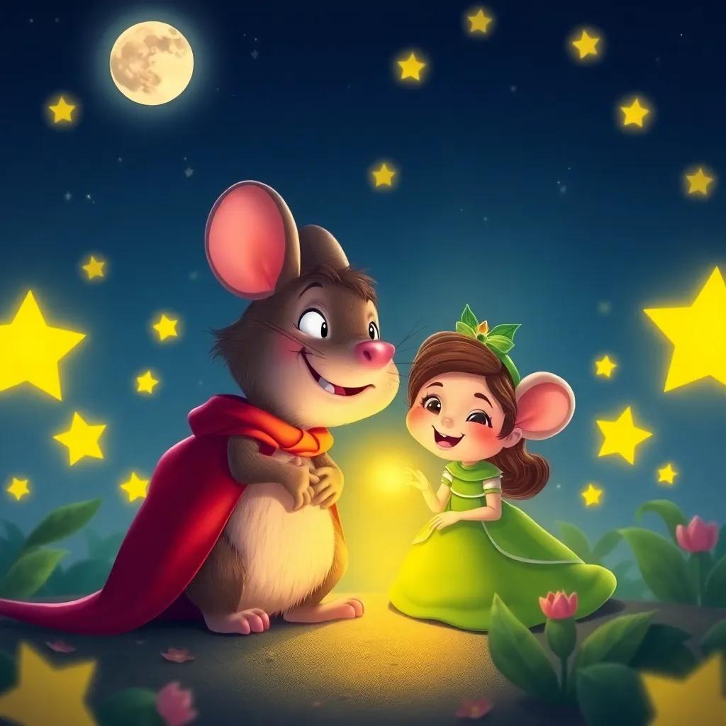 Despereaux, the brave little mouse, with Princess Pea, smiling under the moonlight surrounded by glowing stars, a warm feeling all around, vibrant, welcoming atmosphere, magical scene, child-friendly illustration