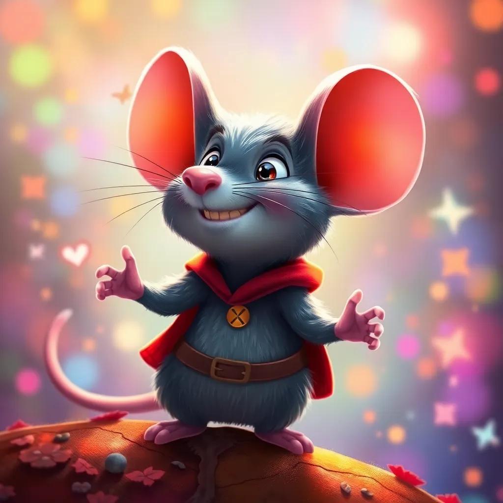 Despereaux, the brave little mouse, shining with love and courage, embracing his uniqueness, colorful background, inspiring and joyous mood, detailed vibrant art