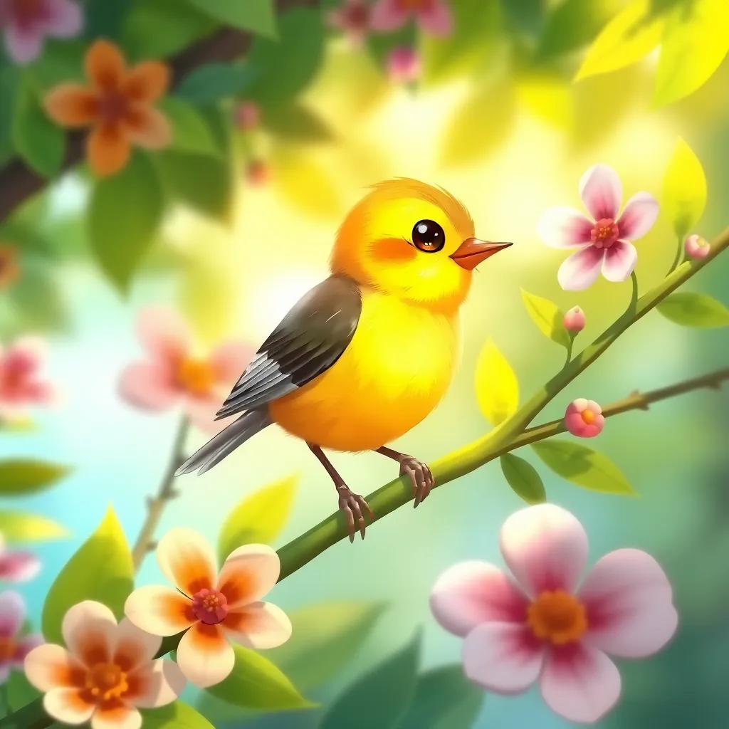 A little nightingale named Nia, small and delicate, with soft feathers that shine like the morning sun, perched on a lush green branch surrounded by colorful flowers and vibrant leaves, illustration, cheerful, bright colors, warm light, high quality