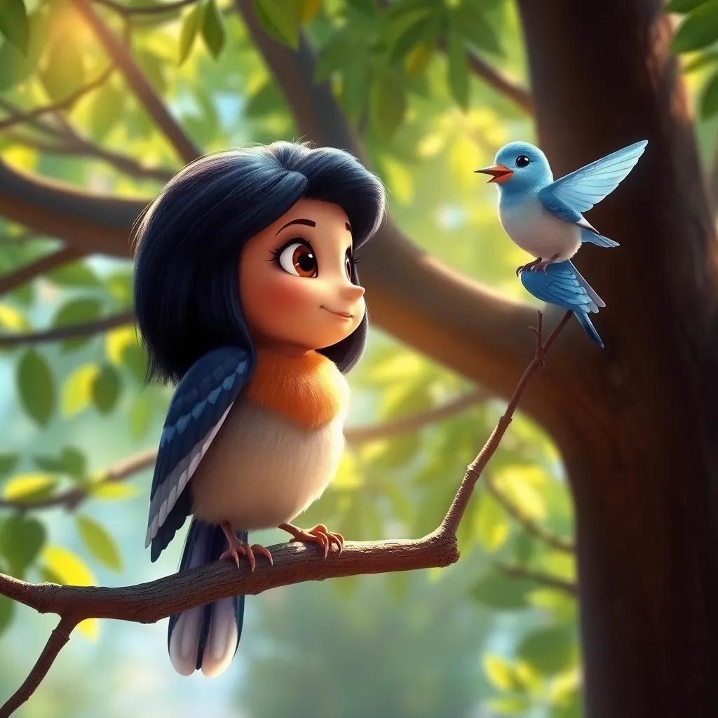 Nia the nightingale, shy and watching, sitting quietly on a tree branch, observing Bella, the bluebird, singing a joyful melody, sparkling sunlight filtering through tree leaves, colorful, lively atmosphere, engaging