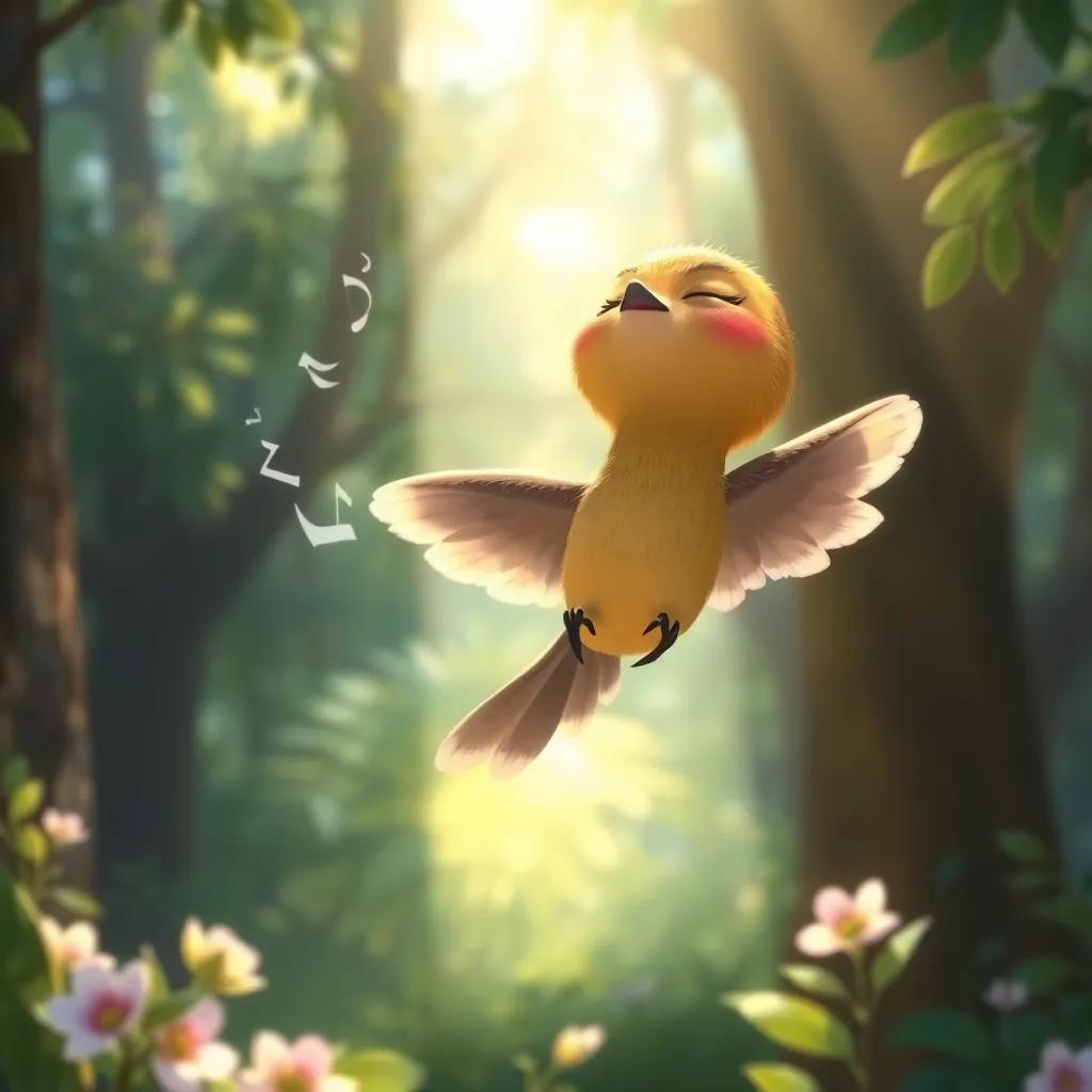 Nia the nightingale with closed eyes, flapping her wings softly as she sings a gentle note, surrounded by a serene forest, sunlight streaming down on her, whimsical, peaceful scene, enchanting