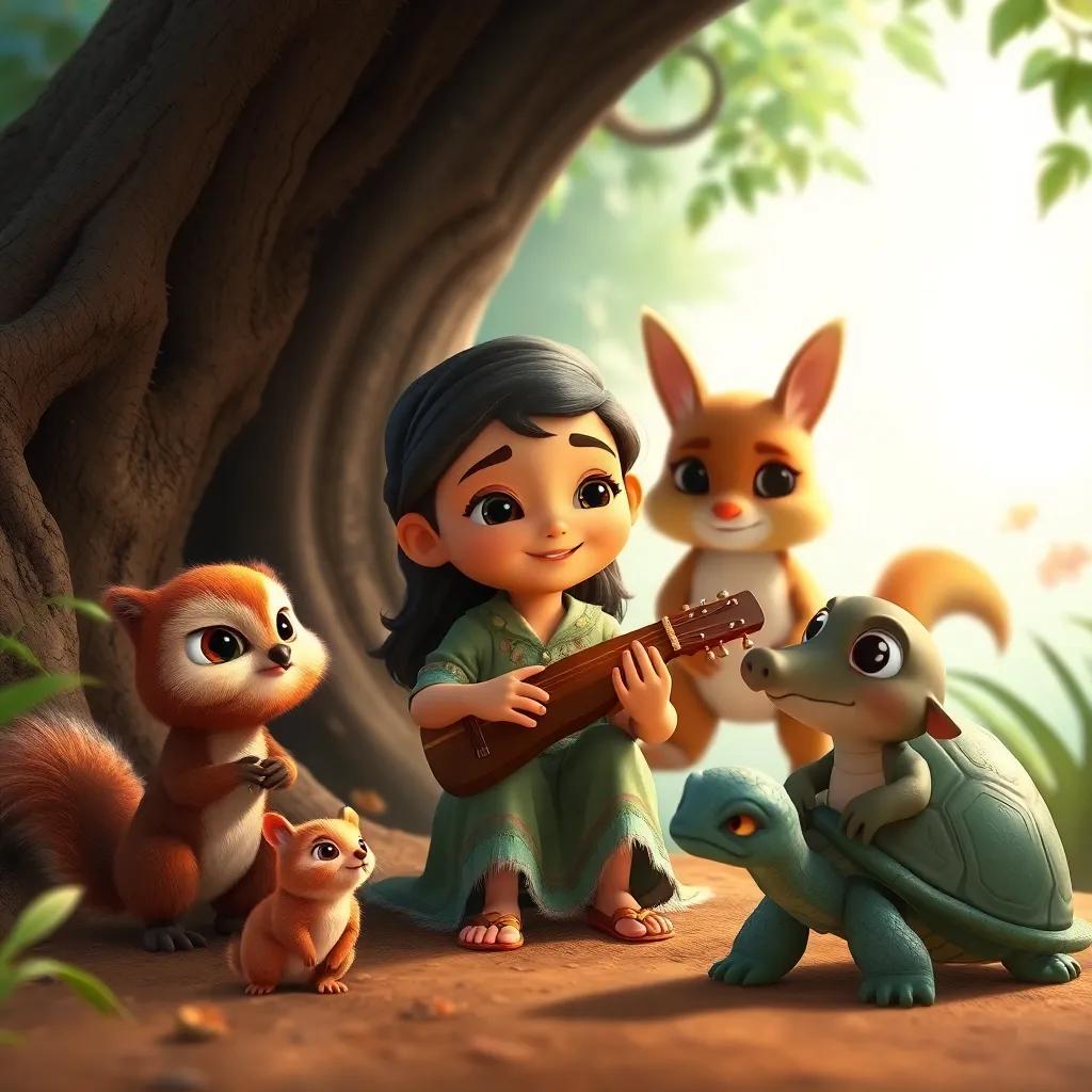 Curious animals gathered around Nia, including Leo the wise old owl, Sammy the playful squirrel, and Terry the thoughtful turtle, all captivated by her lovely melody, warm, inviting environment, child-friendly fantasy