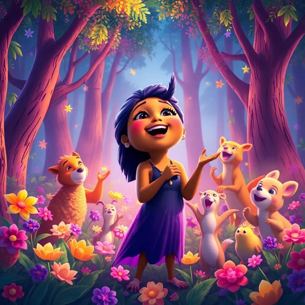 Nia the nightingale singing louder, the forest fills with colorful flowers and dancing trees, animals clapping around her in excitement, vibrant colors, joyful atmosphere, uplifting