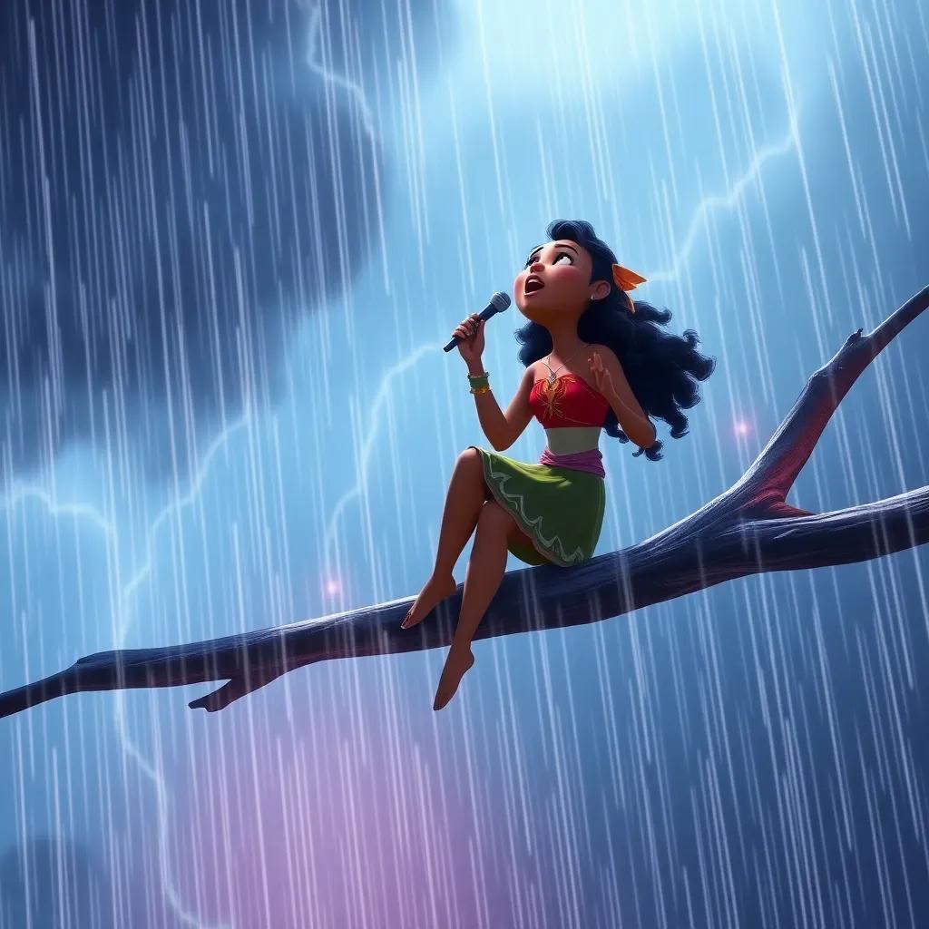 Nia perched bravely on a branch during a storm, singing a powerful song with determination, rain pouring down and wind howling, but her voice shining bright, epic and heroic scene