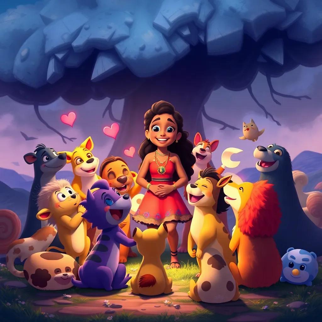 Animals gathered around Nia after the storm, cheering and thanking her for her bravery, joyful atmosphere with remnants of the storm in the background, heartwarming and colorful, lively energy