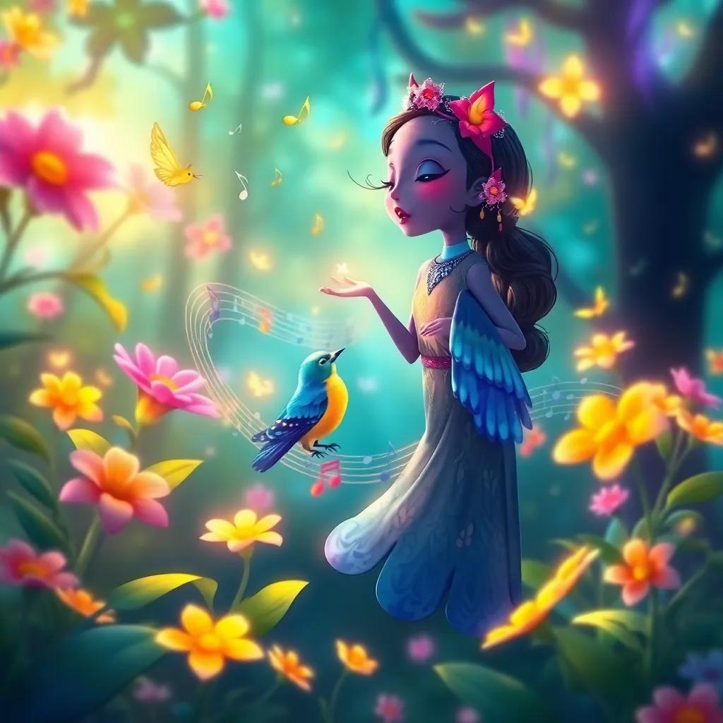 Nia the nightingale singing to the forest, a swirl of music notes fluttering around as flowers bloom brighter with every note, magical vibe, bright and vibrant colors, inspirational