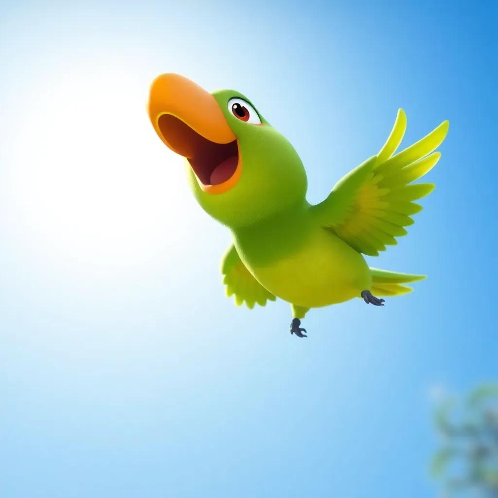 A bright green parrot named Polly with shiny feathers, flying under a clear blue sky with a big sun shining down, joyful expression, vibrant colors, playful atmosphere