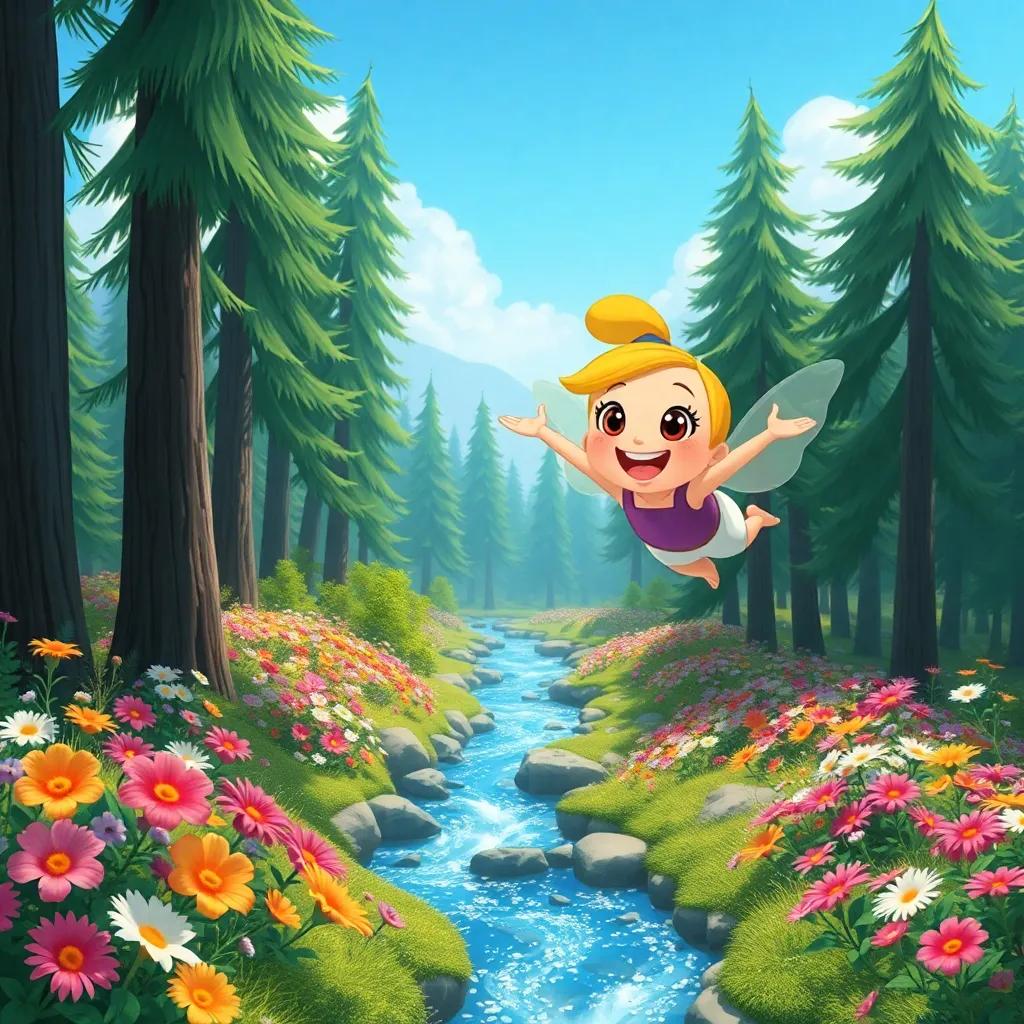 Polly flying over tall trees and colorful flowers, with a sparkling stream below, enjoying the gentle breeze, cheerful and adventurous look, digital art, bright colors