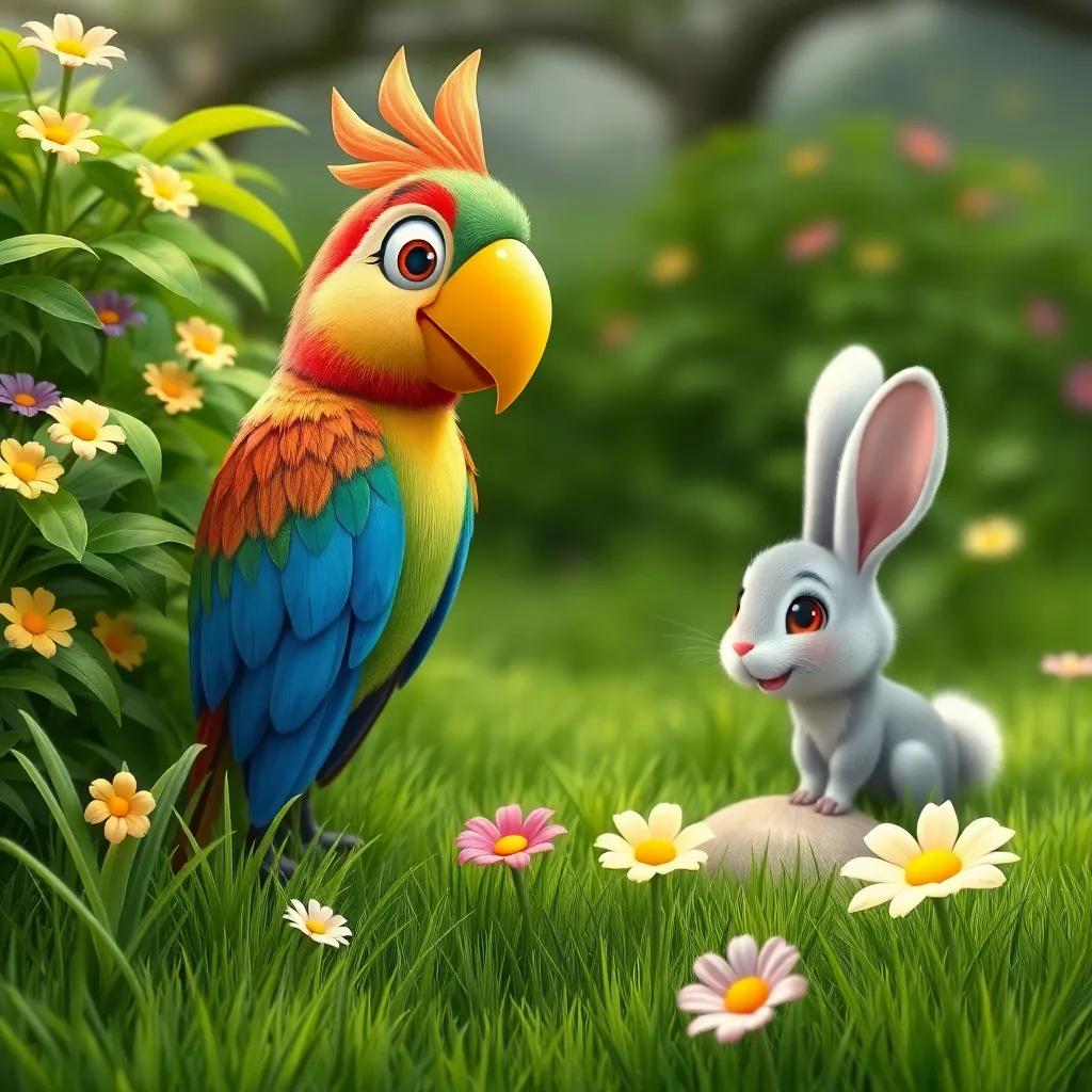 Polly, the brave parrot, looking curiously at a little rabbit peeking from the bushes, with green grass and colorful flowers around, friendly interaction, cute style