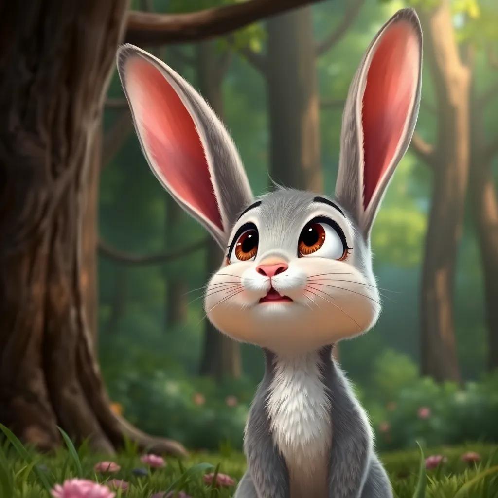 A little rabbit, Benny, with big eyes, looking up at Polly, set against a lush forest backdrop with trees, detailed and colorful, heartwarming scene