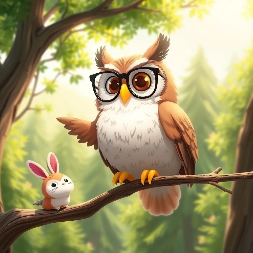 An old wise owl perched on a branch with big glasses, giving directions to Polly and Benny, sunny day, surrounded by a beautiful forest, playful character design