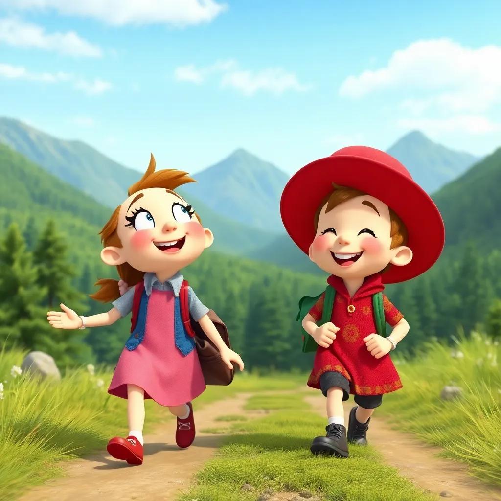 Polly and Benny walking together, laughing and singing, under a clear blue sky and green mountains ahead, feeling brave and united, lighthearted scene