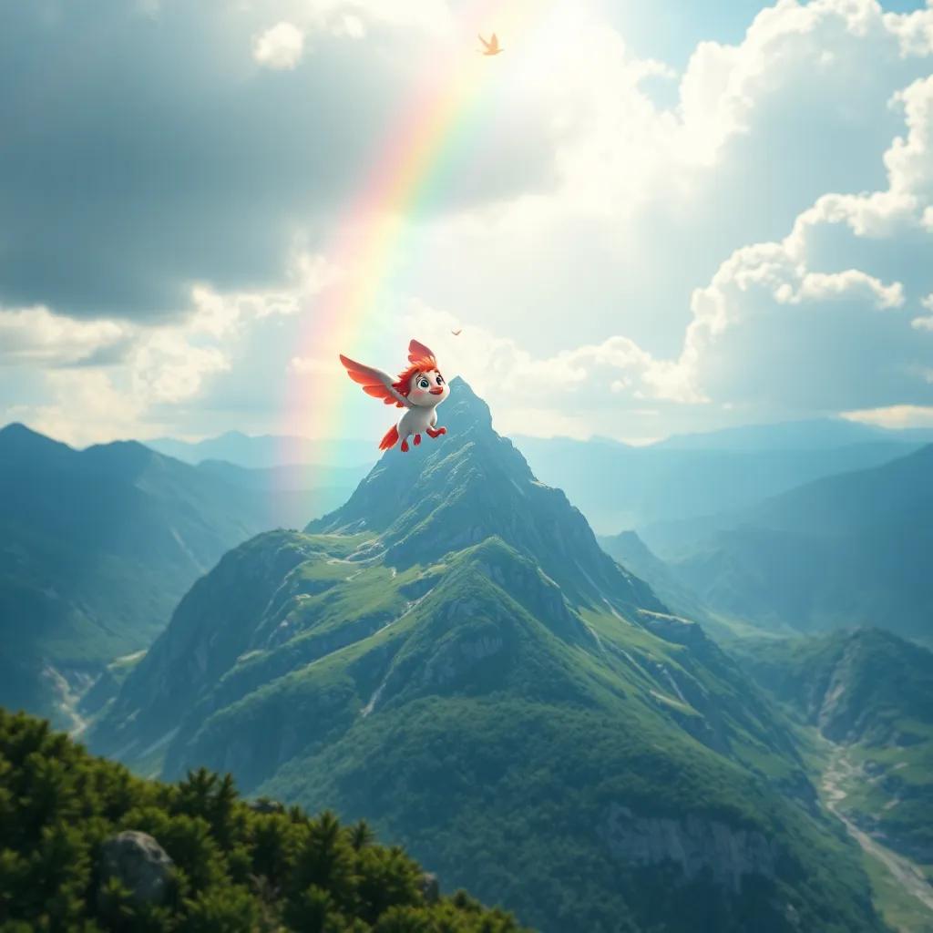 Polly soaring high above a majestic mountain with a beautiful rainbow in the sky, colorful birds visible in the distance, bright colors, uplifting feel