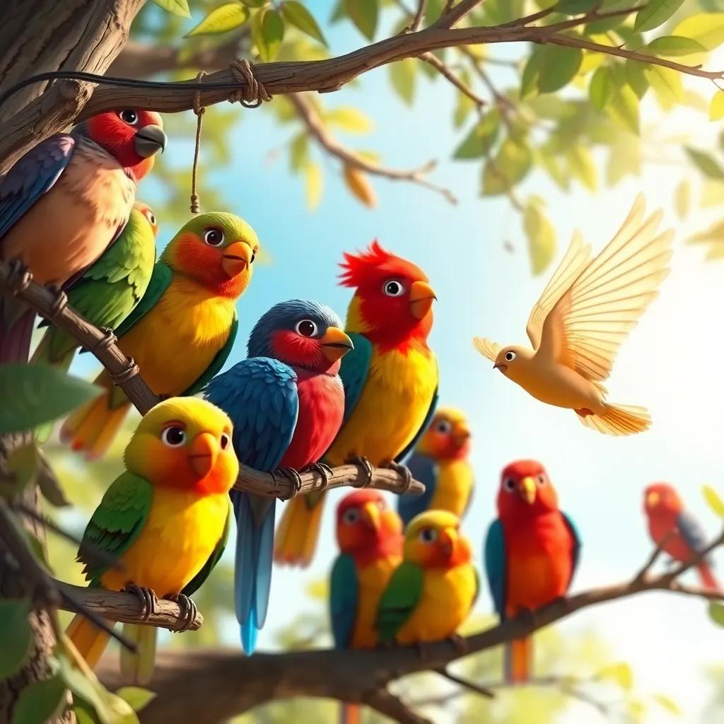 Polly flying closer to a rainbow of colorful birds trapped in branches, determining expression, with sunlight shining on them, invoking teamwork and hope