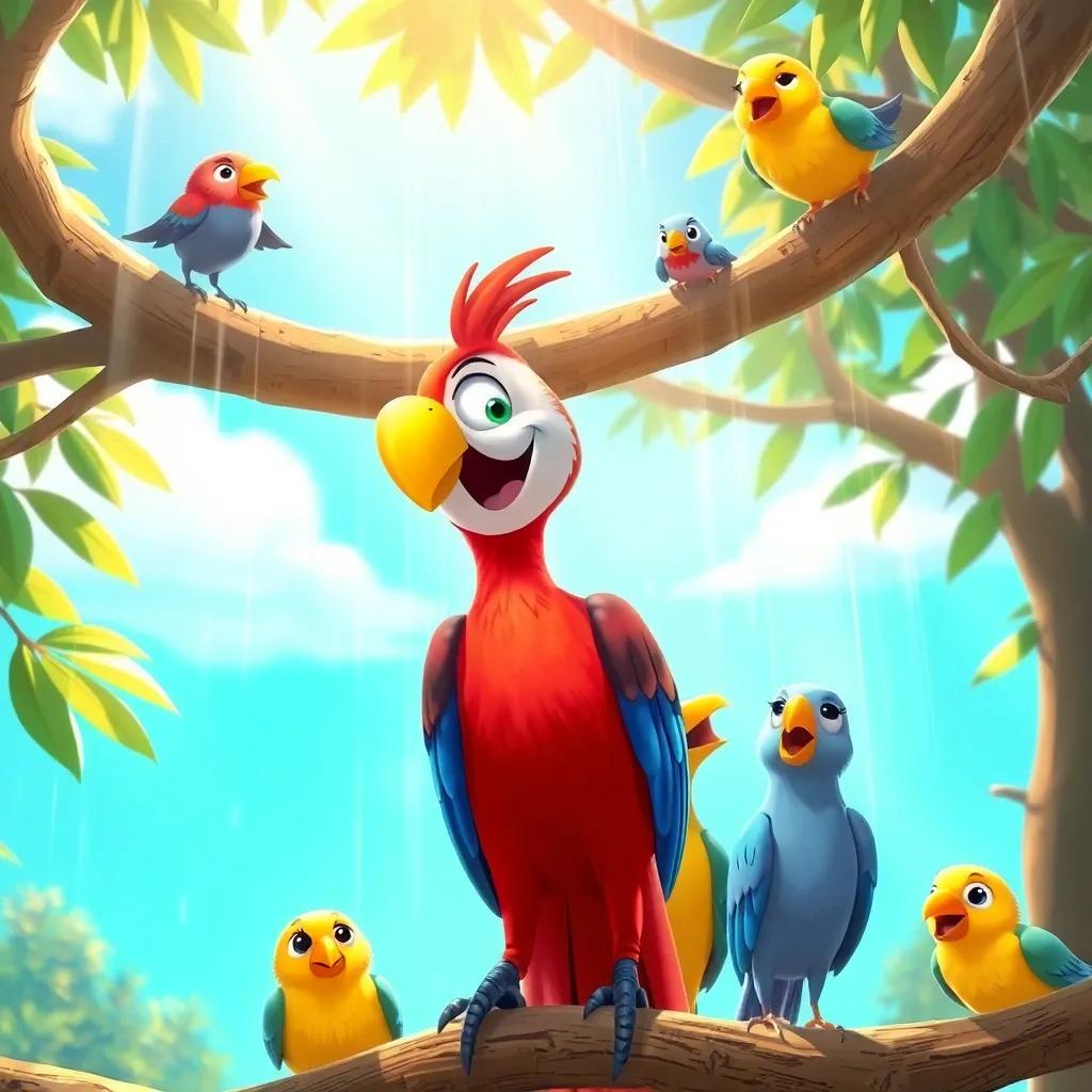 Polly guiding her flock out of branches, happy parrot and relieved birds, sunshine pouring down on them, cheerful and vibrant atmosphere