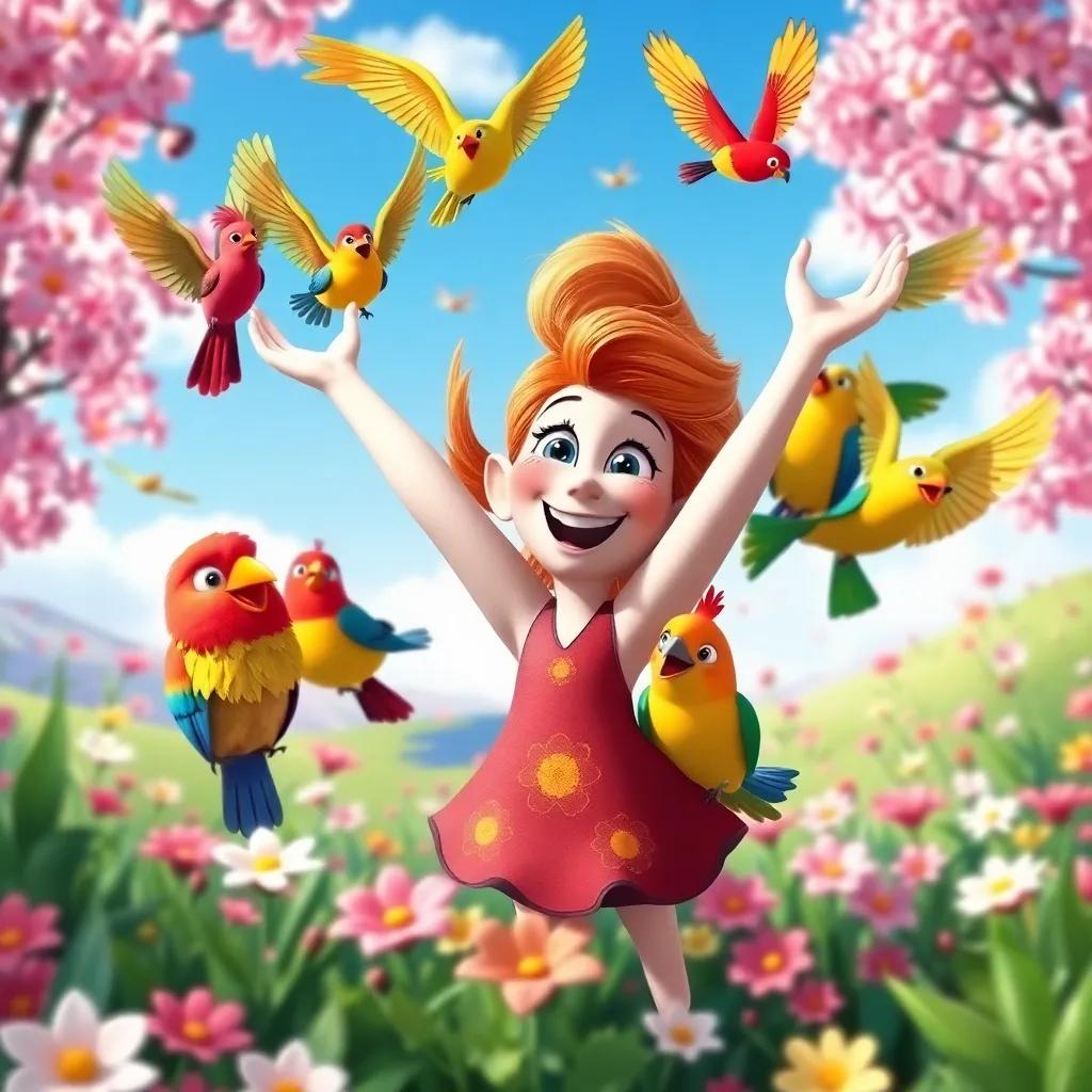 Polly celebrating with her flock of colorful birds, happy expressions, surrounded by a beautiful landscape, filled with flowers, uplifting, colorful scene