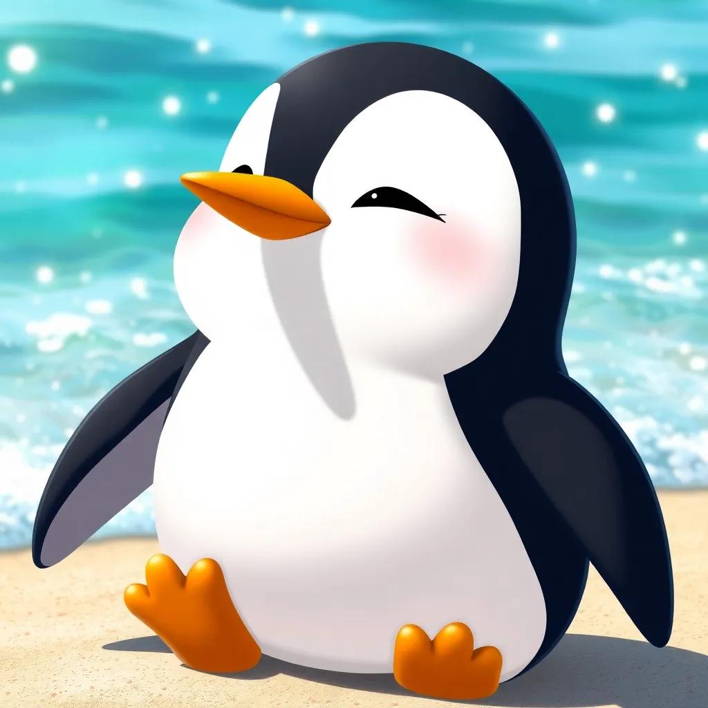 A little penguin named Percy, with soft black and white feathers, looking nervously at the sparkling ocean waves, bright sunny day, cheerful atmosphere, digital art, high quality