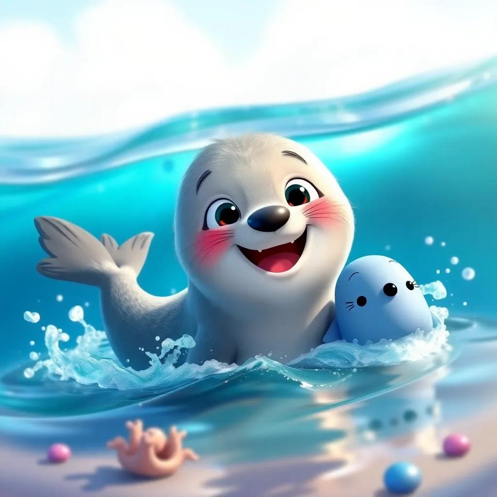 Ellie the seal, a friendly and playful seal with shiny fur, splashing happily in the water beside Percy, colorful ocean background, whimsical style, bright colors