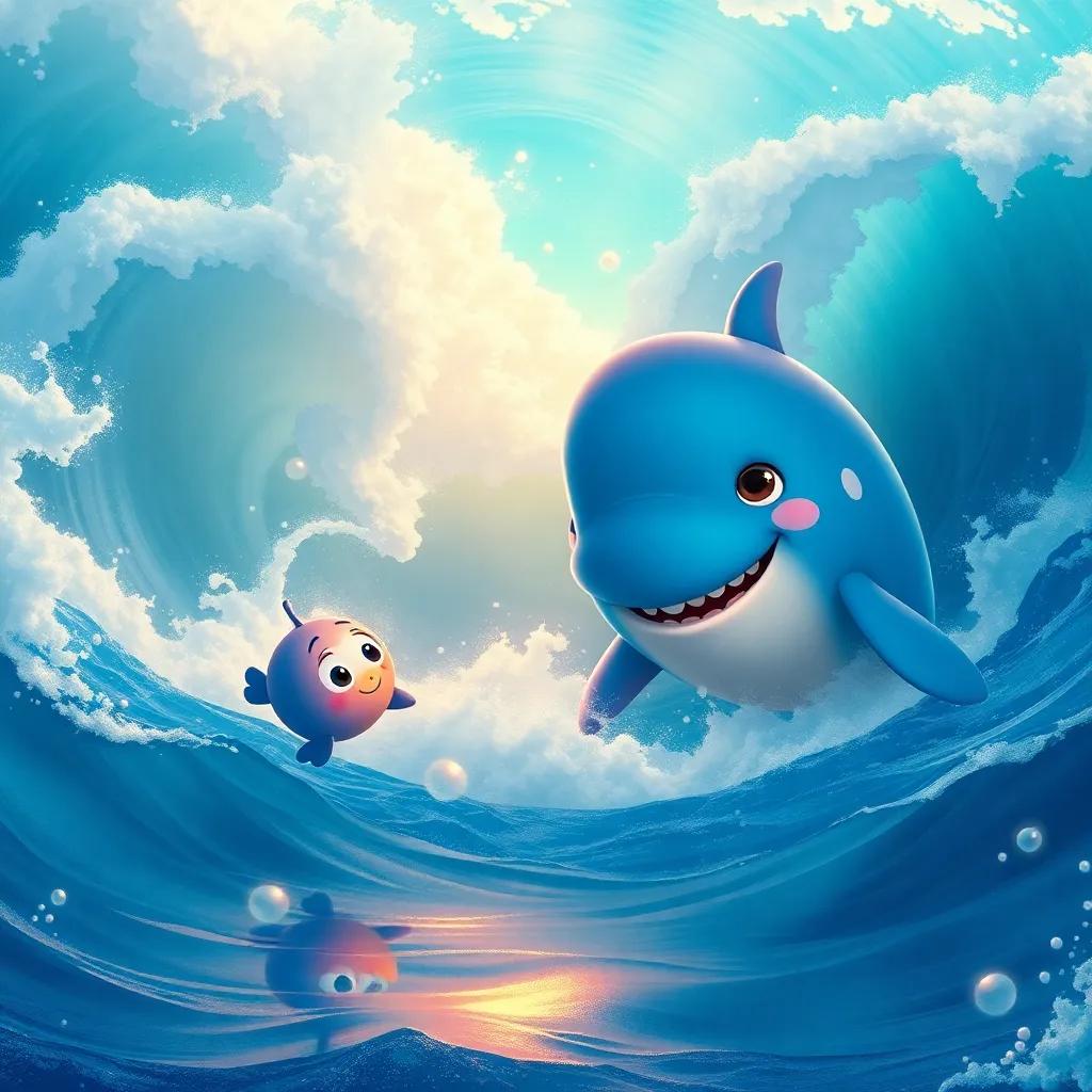 Toby the whale, a large blue whale with a friendly smile, swimming close to Percy, huge waves around them, visually stunning, sunlit ocean scene, enchanting
