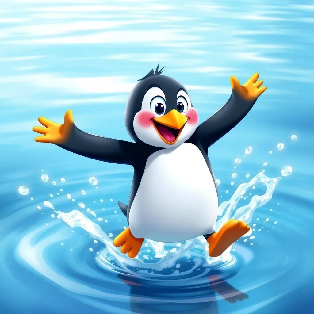 Percy the penguin, jumping fearlessly into the water, making a big splash, excited expression, bright splashes of water surrounding him, fun and lively illustration