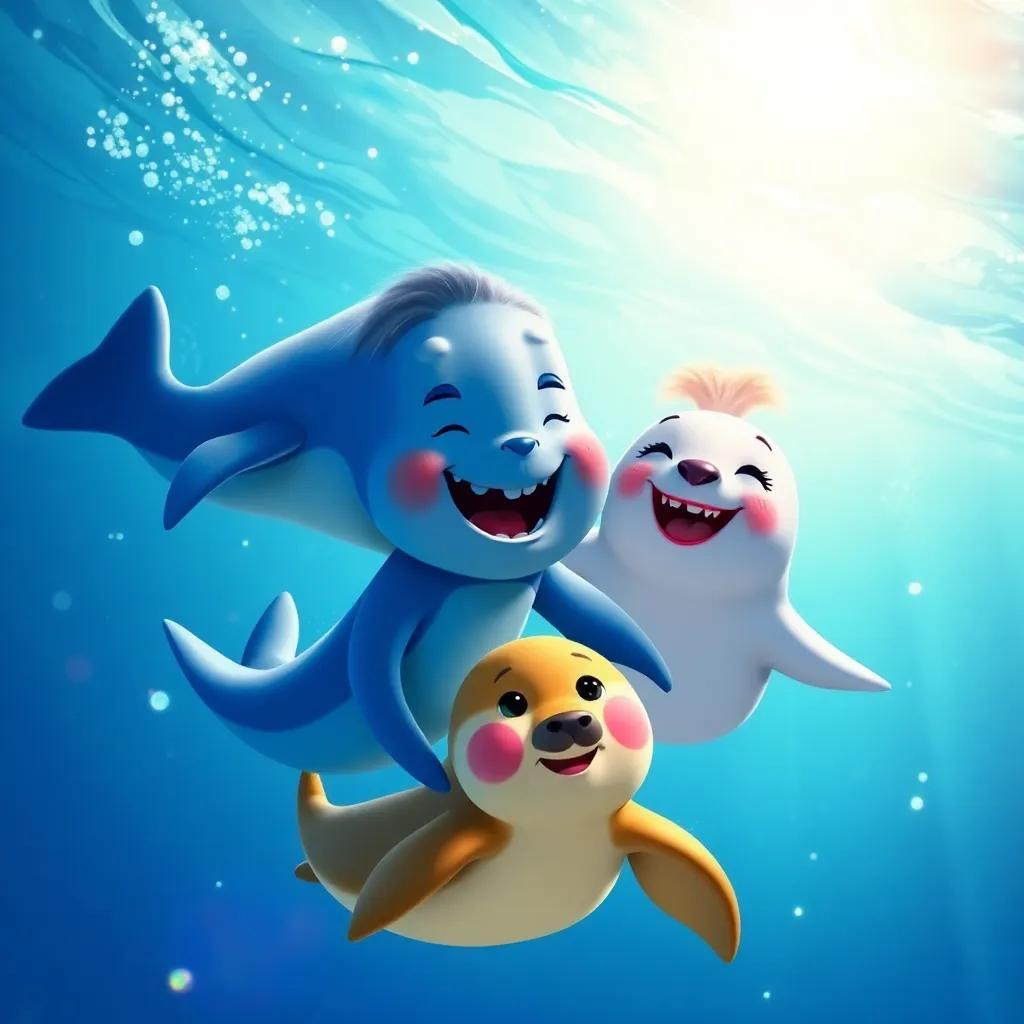 Percy swimming with Ellie the seal and Toby the whale, laughing and playing together in the sparkling ocean, joyful atmosphere, vibrant colors, heartwarming scene