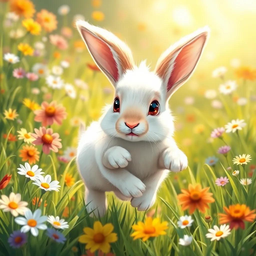 A brave little rabbit, Benny, with soft white fur and big, curious eyes, hopping in a sunny meadow filled with colorful flowers and green grass, digital art, bright and cheerful, warm sunlight, detailed scene, happy and playful atmosphere, high quality
