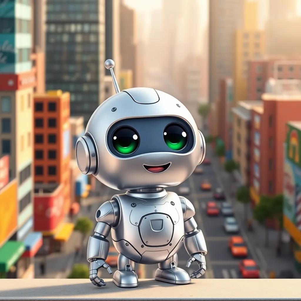 A small robot named Robby, shiny and silver, with big eyes and a hopeful expression, looking out at a colorful city filled with tall buildings and busy streets, digital art, vibrant colors, cheerful atmosphere, high quality