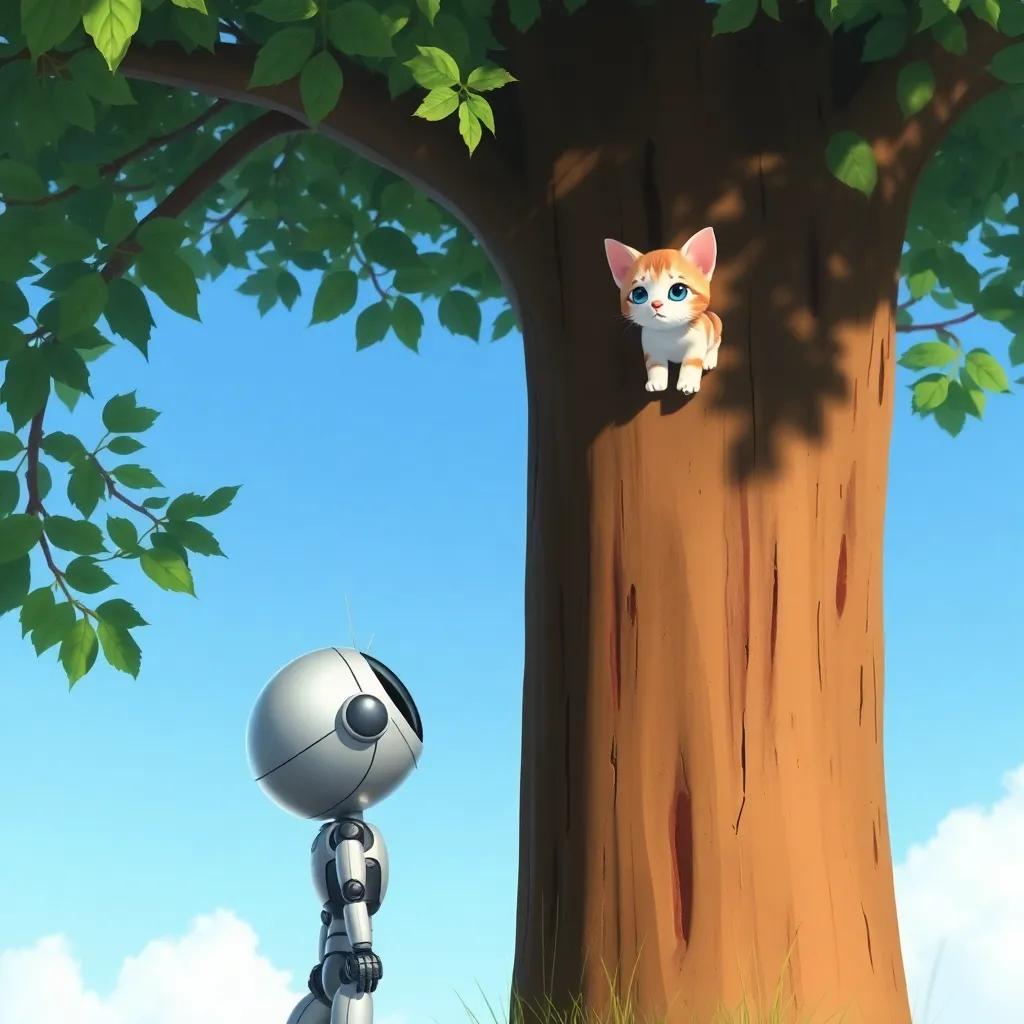 Robby, the small silver robot, looking up at a tall tree where a small kitten is stuck high up, with worried kitten eyes, sunlight shining through leaves, illustration, bright colors, heartwarming scene, child-friendly