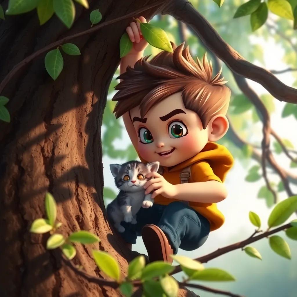 Robby bravely climbing the tree with a determined look, reaching for the little kitten, surrounded by branches and green leaves, soft light filtering through, detailed digital art, colorful, adventurous feel, high quality