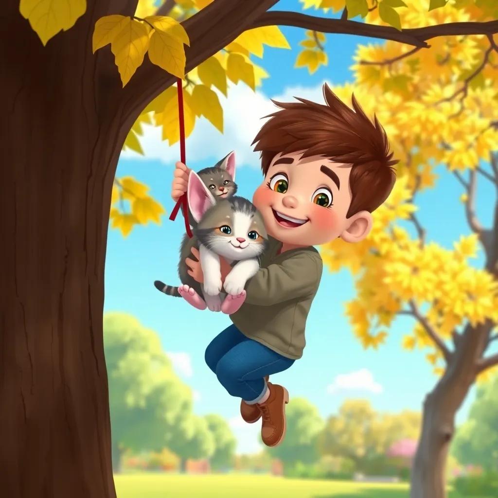 Robby safely holding the kitten in his arms, climbing down the tree slowly, the kitten looking happy and content, a sunny park in the background, cheerful colors, uplifting atmosphere, high quality, digital illustration