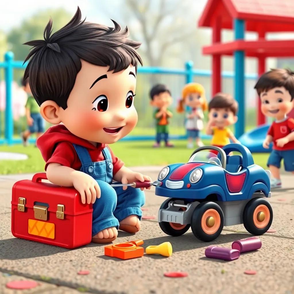 Robby, with a tiny toolbox, kneeling beside a little boy, fixing a broken toy car on the playground, surrounded by happy children playing, bright colors, friendly and cheerful mood, high quality, digital art