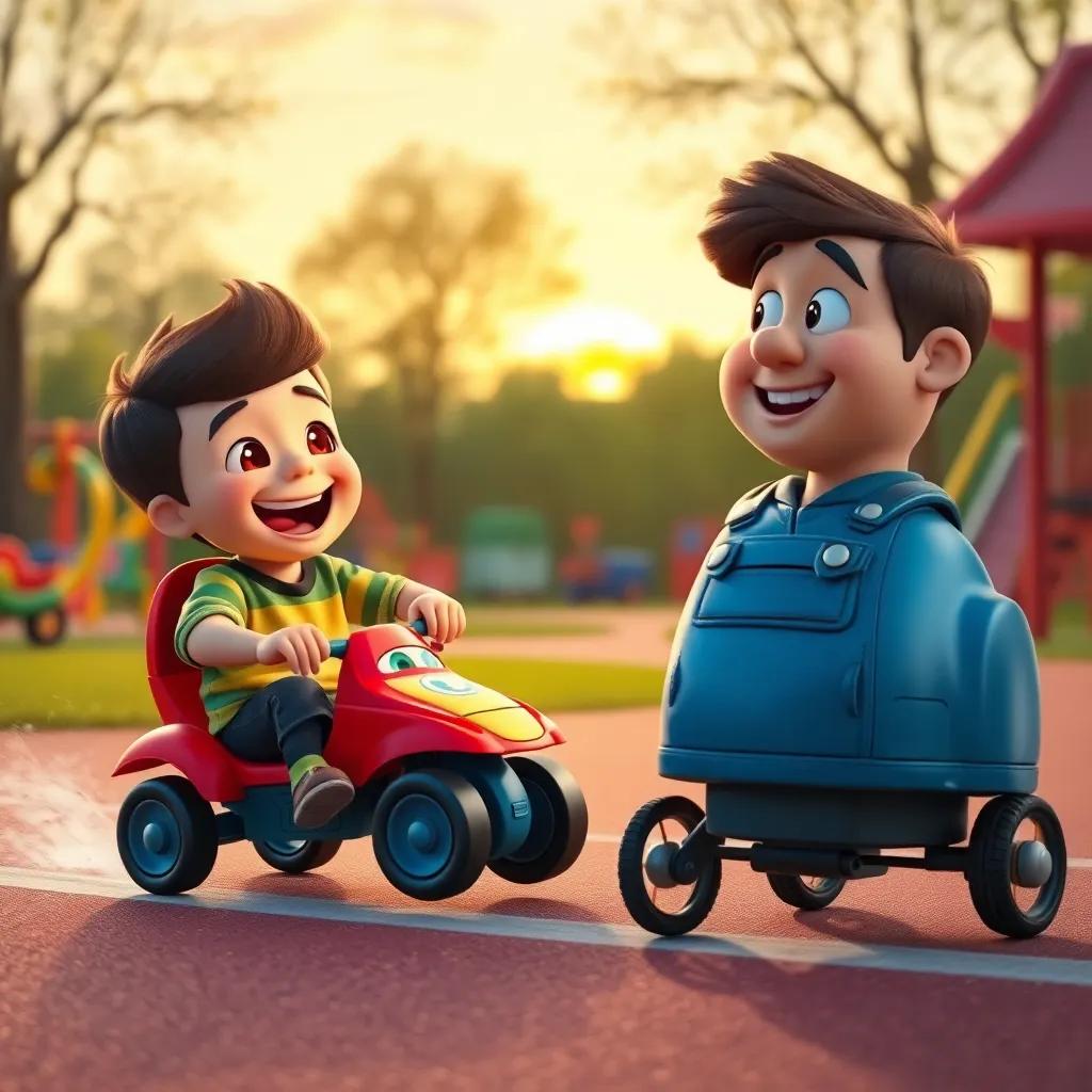 The little boy joyfully racing his toy car while Robby watches with a proud smile, playground full of laughter and fun, colorful environment, warm golden light of sunset, happy and bright scene, high quality