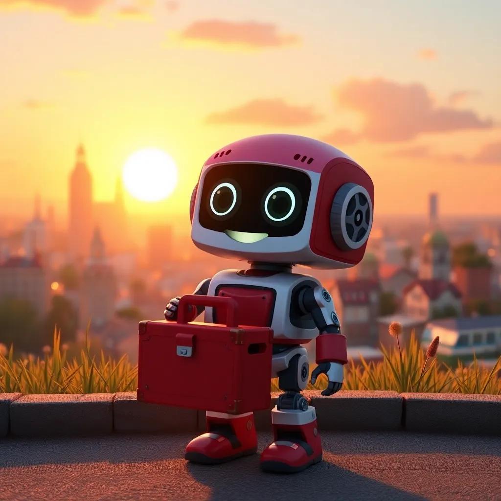 Robby, the brave little robot, happily returning home at sunset, with a lovely cityscape in the background, holding his little toolbox, warm colors, peaceful atmosphere, joyful expression, high quality